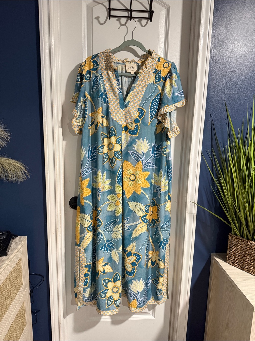 Umgee Teal Floral Midi Dress with Yellow Blooms